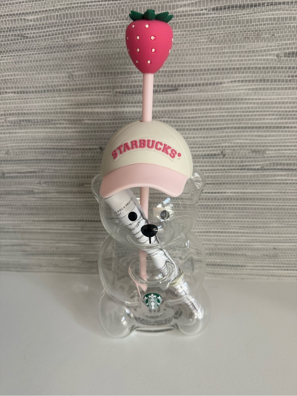Starbucks Bearista Glass Pink AUTHENTIC Drink Bear Cup w/ Strawberry Straw 20 oz
